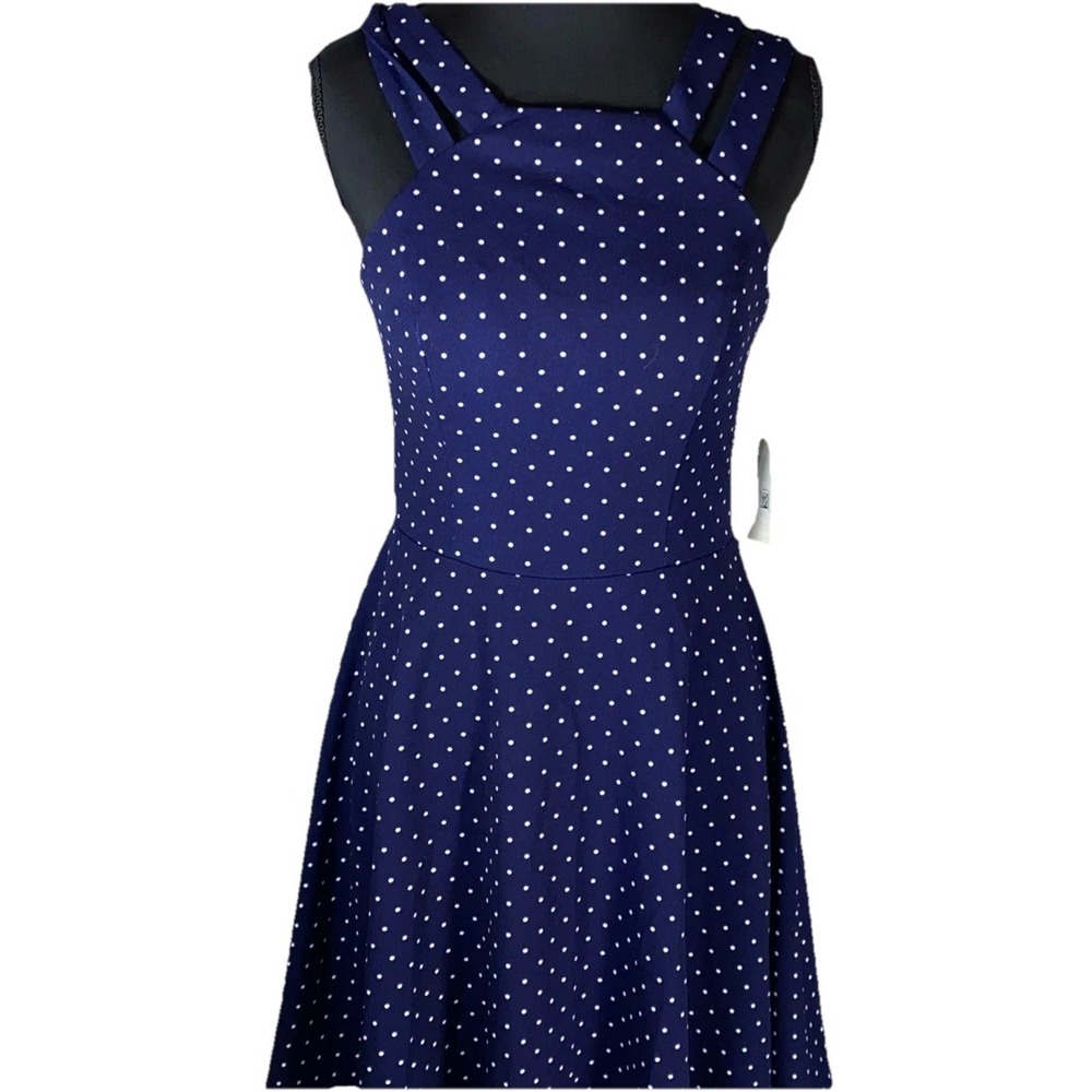 B. Darlin Polka Dot Dress Women 7/8 Navy Blue Fit Flare Double Strap 2EJL098